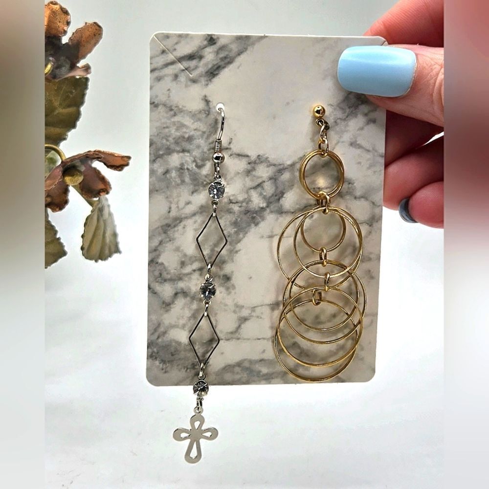 "5/$40" Mismatched Long Gold/Silver Cross/Circle Dangle Earrings